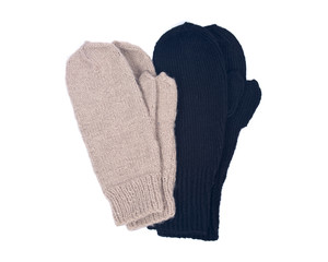Chunky knit wool mittens separated on white background