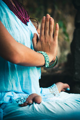 closeup of woman hands practice yoga outdoor