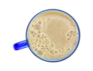 Fat free coffee milk in a blue mug.