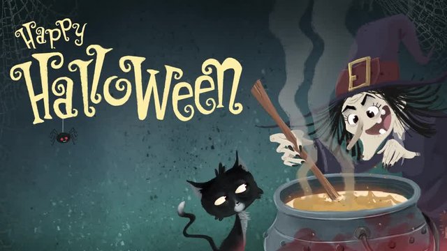 Halloween bruja haciendo una pocion con su gato