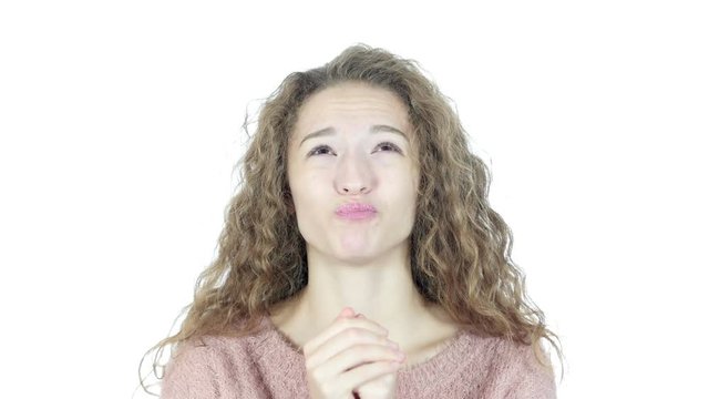 Woman praying , hoping for best , forgiveness, White Background