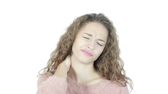Neck pain ,Woman Suffering from Pain In Neck , White Background