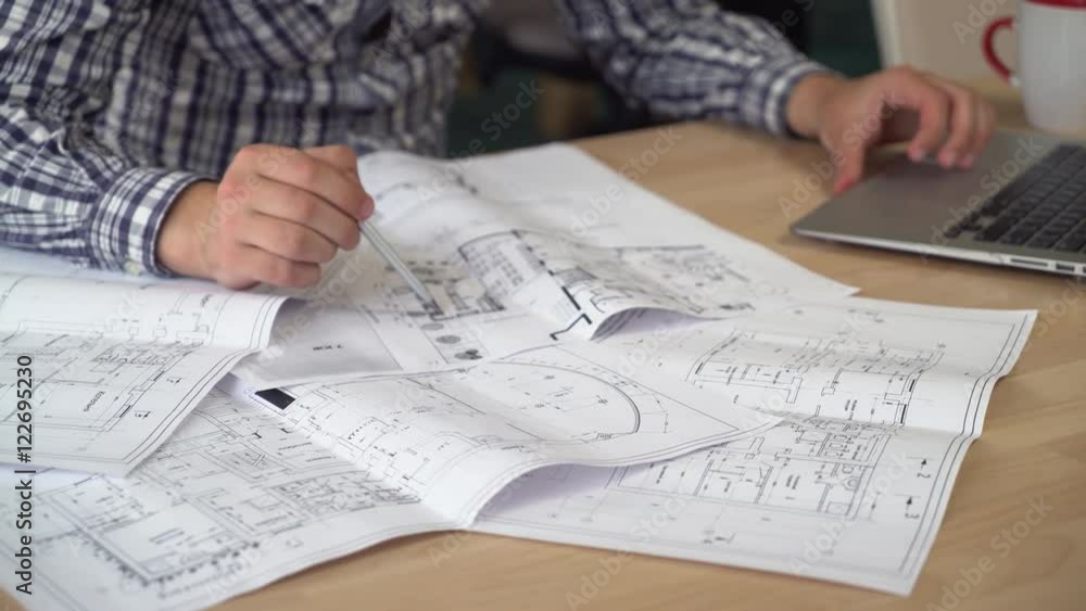 Poster architect working with architectural document. man hands holding pencil check blueprint sketch make 