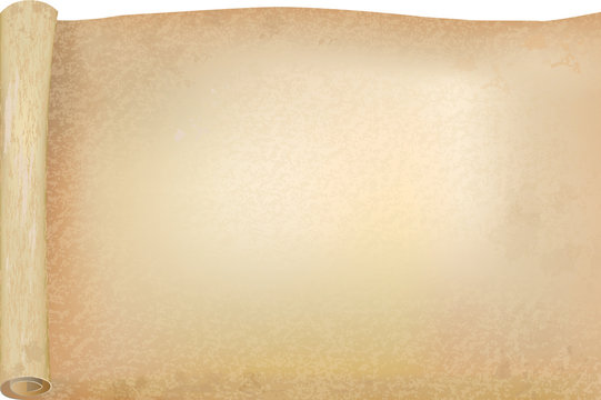 Vellum or papyrus opened scroll, vector background, mockup template for retro fashion design