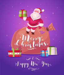 Funny santa. Christmas greeting card background poster. Vector illustration.