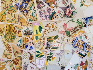 Travel Destination, Barcelona, Spain: Detail of Antonio Gaudi's mosaic art in public art landmark, Park Guell