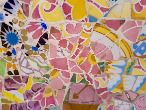 Travel Destination, Barcelona, Spain: Detail of Antonio Gaudi's mosaic art in public art landmark, Park Guell © nextrecord