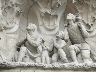 Travel Destination, Barcelona, Spain: Detail of Antonio Gaudi's public landmark, La Sagrada Familia church facade