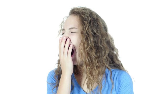 Yawning Tired Beautiful Woman , Napping , White Background