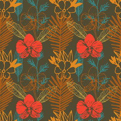 Tropical hand drawn seamless pattern with Frangipani, Palm leaves, Orchid flower. Jungle forest with paradise flowers, natural floral colorful background. Vector illustration.