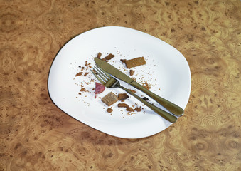 Empty plate, fork and knife