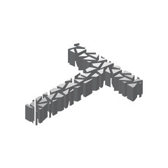 The letter T, in the alphabet broken 3d perspective isometric set silver color isolated on white background