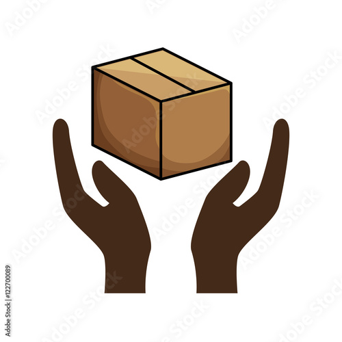 "hands holding a carton box product package. vector illustration" Stock