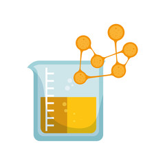 measurement cup chemistry bottle with yellow liquid and germ. vector illustration