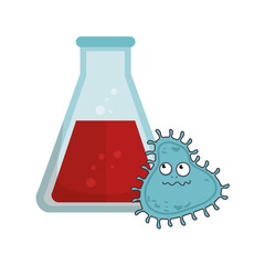 conical flask chemistry bottle with liquid and cartoon germ. vector illustration
