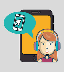 smartphone device and avatar woman with headphones customer call center. colorful design. vector illustration