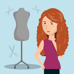 avatar woman thinking with female torso mannequin and scissors background. colorful design. vector illustration