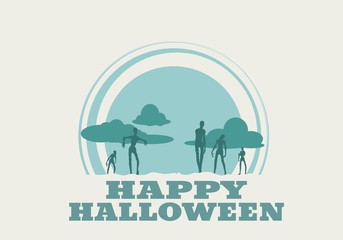 Zombie silhouettes on sunset. Halloween theme background. Happy Halloween text