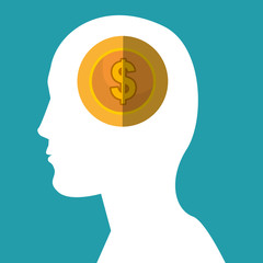human head profile with gold money coin icon over blue background. vector illustration
