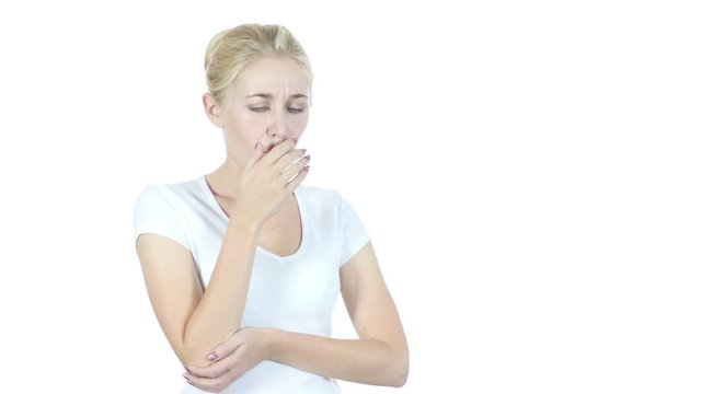 Coughing, Sick Woman Suffering From Cough, White Background