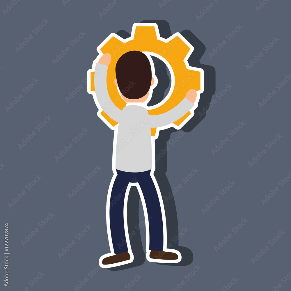 Sticker avatar man holding a gear wheel over blue background. vector illustration