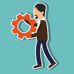 avatar man holding a gear wheel over blue background. vector illustration