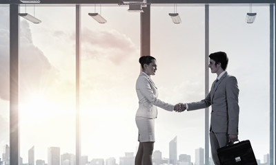 Business partners handshake . Mixed media