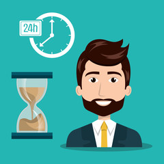 avatar businessman wearing suit and tie with efficient time management icons. vector illustration 