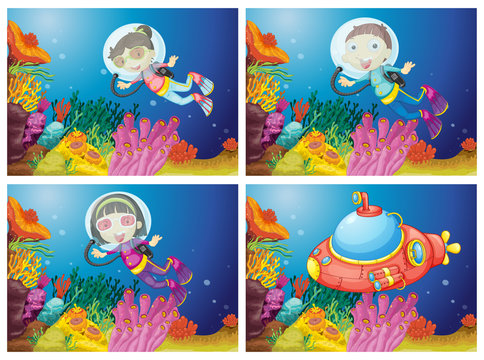 Kids scuba diving under the sea