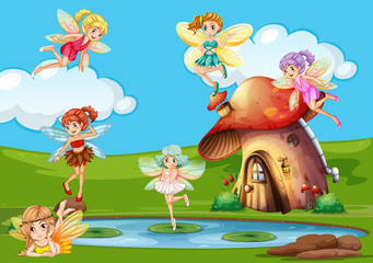 Many fairies flying over the pond