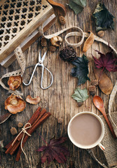 Autumn composition with cup of hot chocolate. Fall and thanksgiv