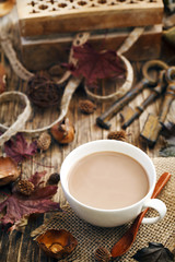 Fototapeta na wymiar Autumn composition with cup of hot chocolate. Fall and thanksgiv