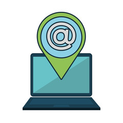 laptop computer device and location pin with  at symbol inside. vector illustration