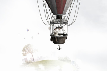 Man traveling in aerostat . Mixed media