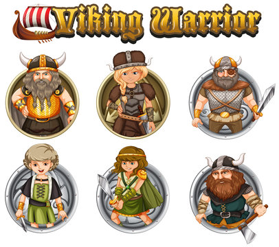 Viking warriors on round badges