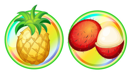 Pineapple and rambutan on round badges