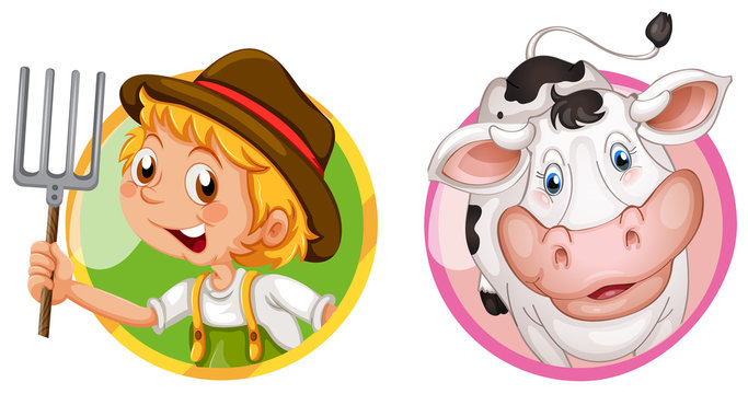 Farmer and cow on round badges