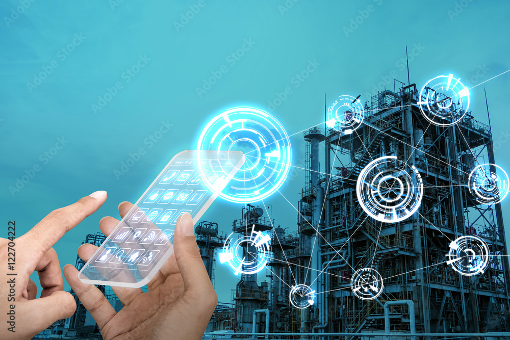 Poster futuristic smart phone and wireless communication network, smart factory, industry4.0, internet of t