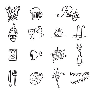 Party and meeting doodle icons set