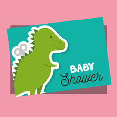 baby shower card with green dinosaur toy cartoon over pink background. colorful design.vector illustration