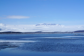 ice sheet on the water with snow mountain background