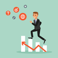 happy businessman climbing on red arrow chart
