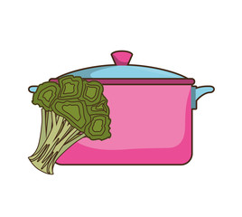 pink kitchen pot utensil and green broccoli vegetable. vector illustration