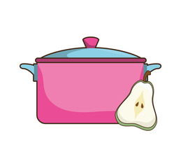 pink kitchen pot utensil and pear slice fruit. vector illustration