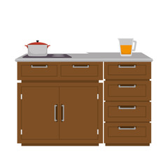 kitchen furniture wooden with drawers and pot . vector illustration