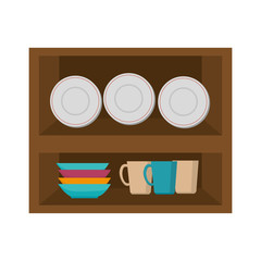 kitchen furniture wooden with dishes and cups. vector illustration