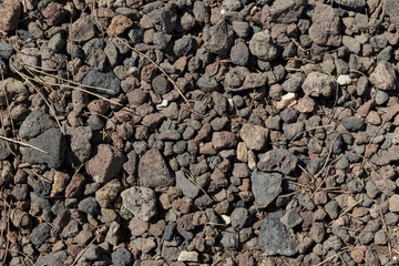 Black, red, brown rocks and fallen small branches background