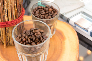 Decorate home with coffee beans on the table.