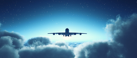 Naklejka premium Airplane flying over cloudy sky.