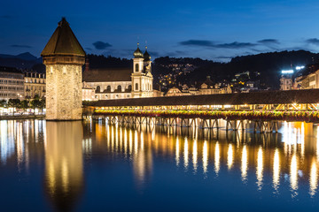 Chapel bridge in Lucerne at night, Switzerland.